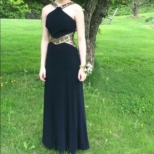 Navy blue prom dress with gold beading
